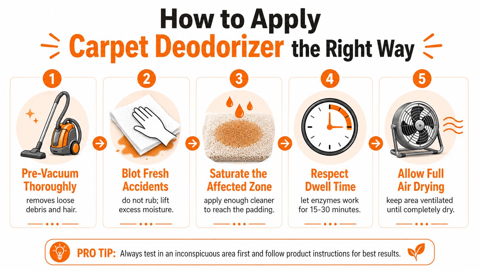 A five-step instructional guide on how to properly apply carpet deodorizer to clean pet accidents.