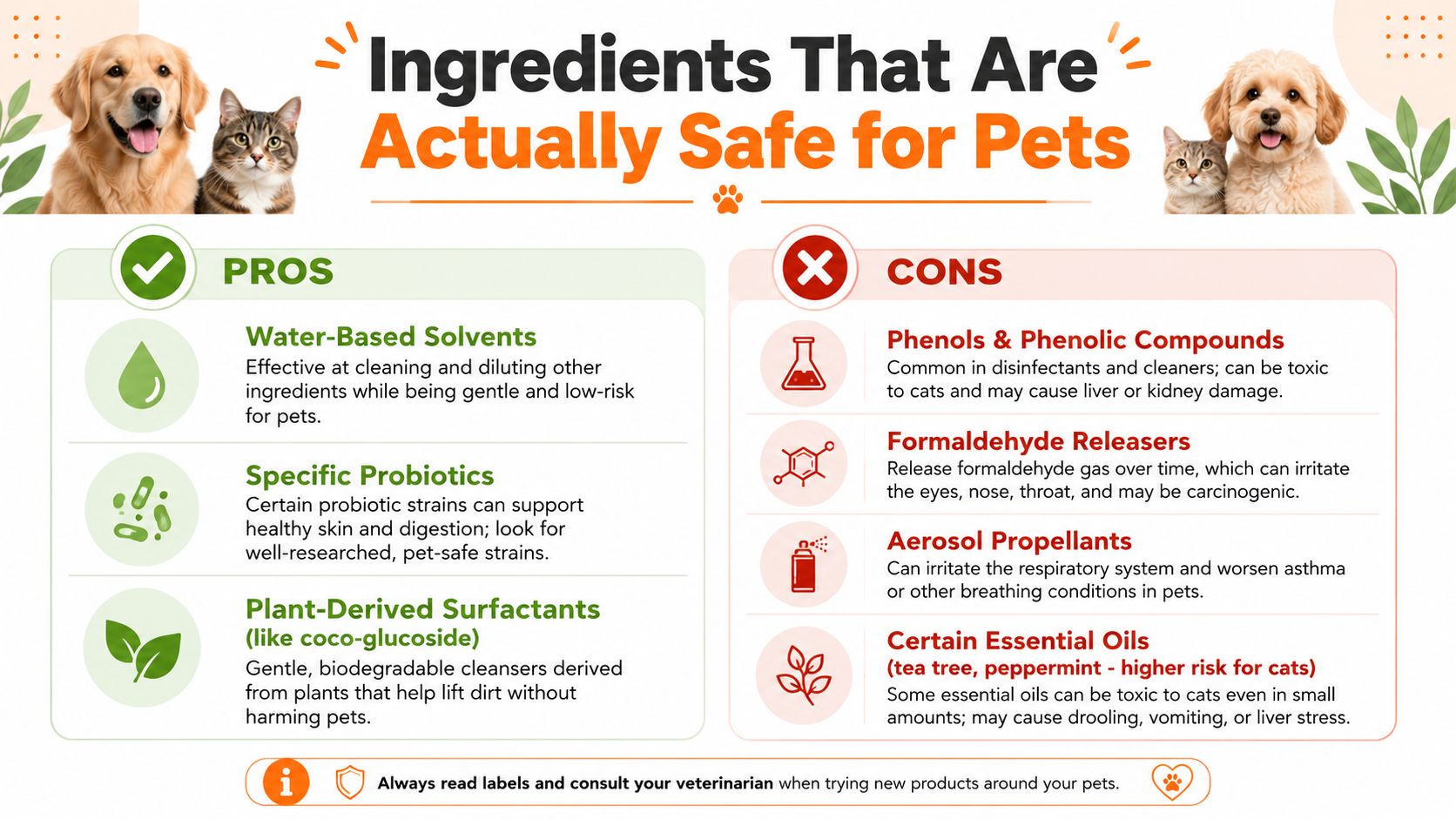 An educational infographic comparing safe and harmful ingredients in cleaning products for household pets.