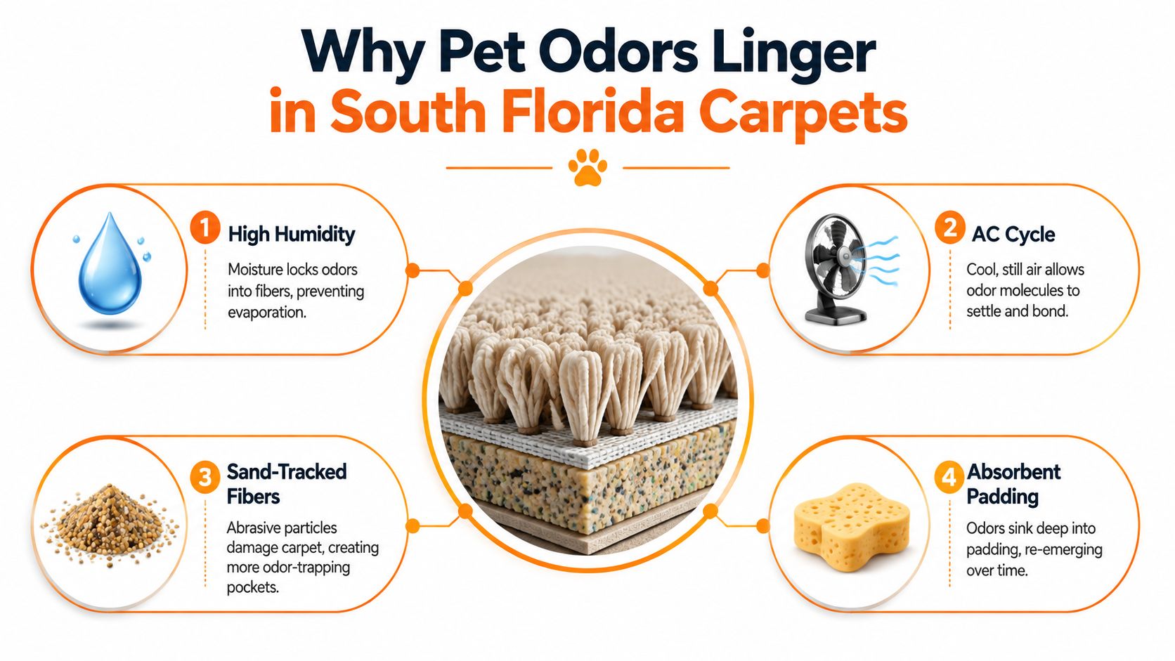 An infographic showing four reasons why pet odors linger in carpets in South Florida environments.