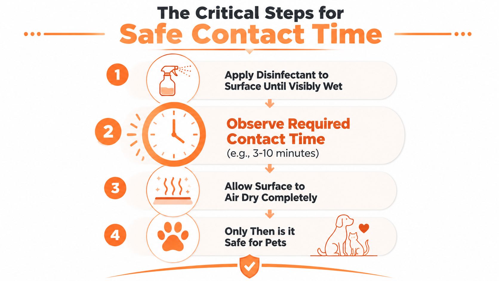 A four-step infographic illustrating the safe process for using disinfectant spray around pets in the home.