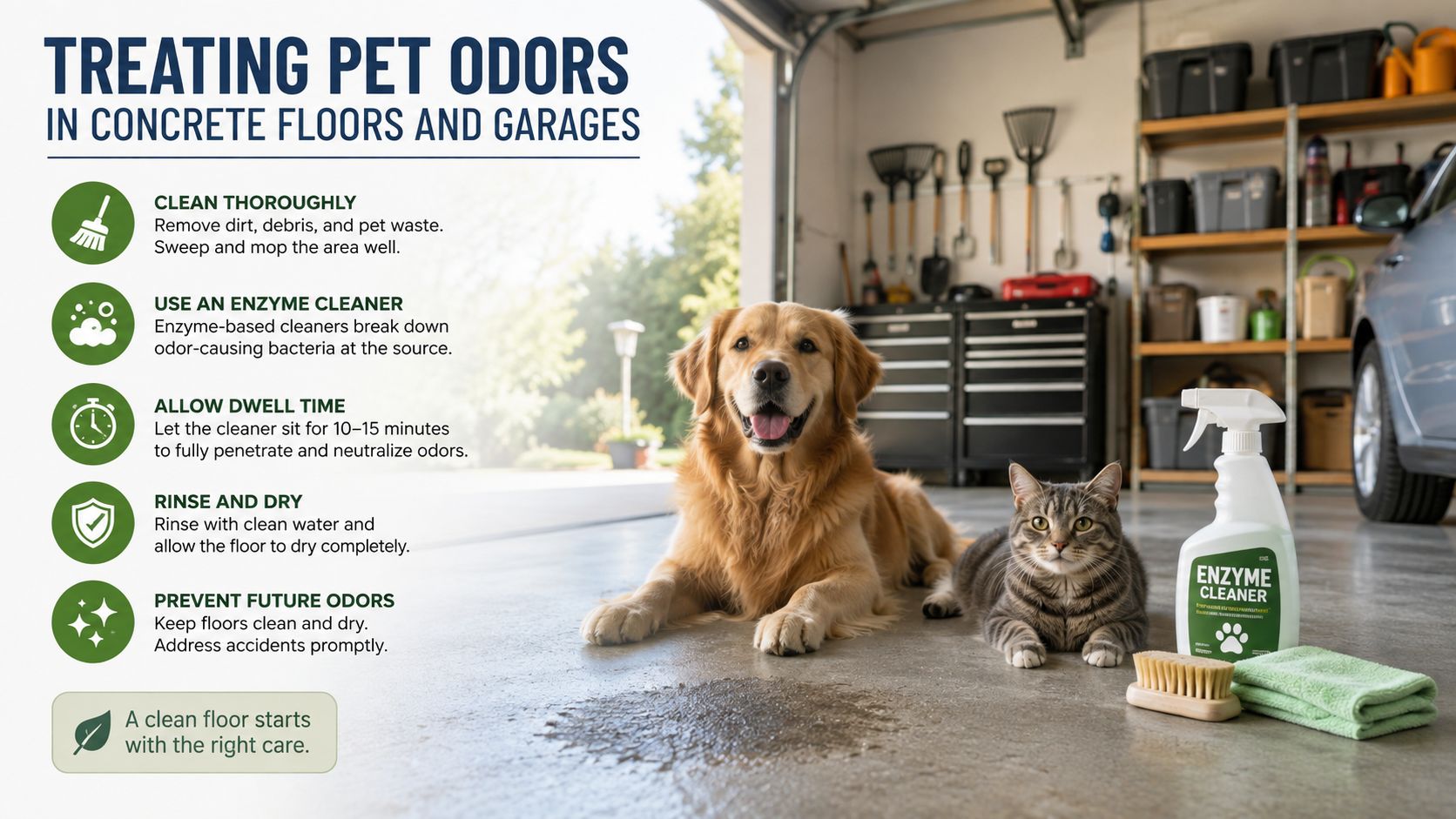 A golden retriever and a tabby cat sit in a garage next to enzyme cleaner and supplies.