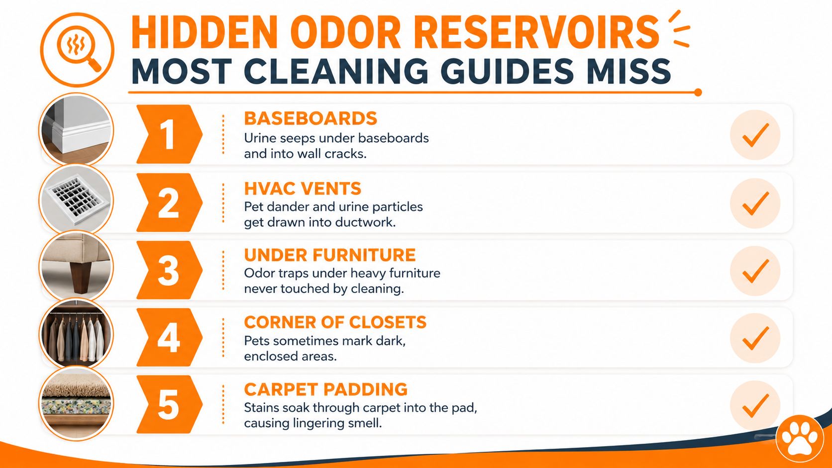 An infographic list detailing five common household areas that harbor hidden pet odors, including baseboards and carpet padding.
