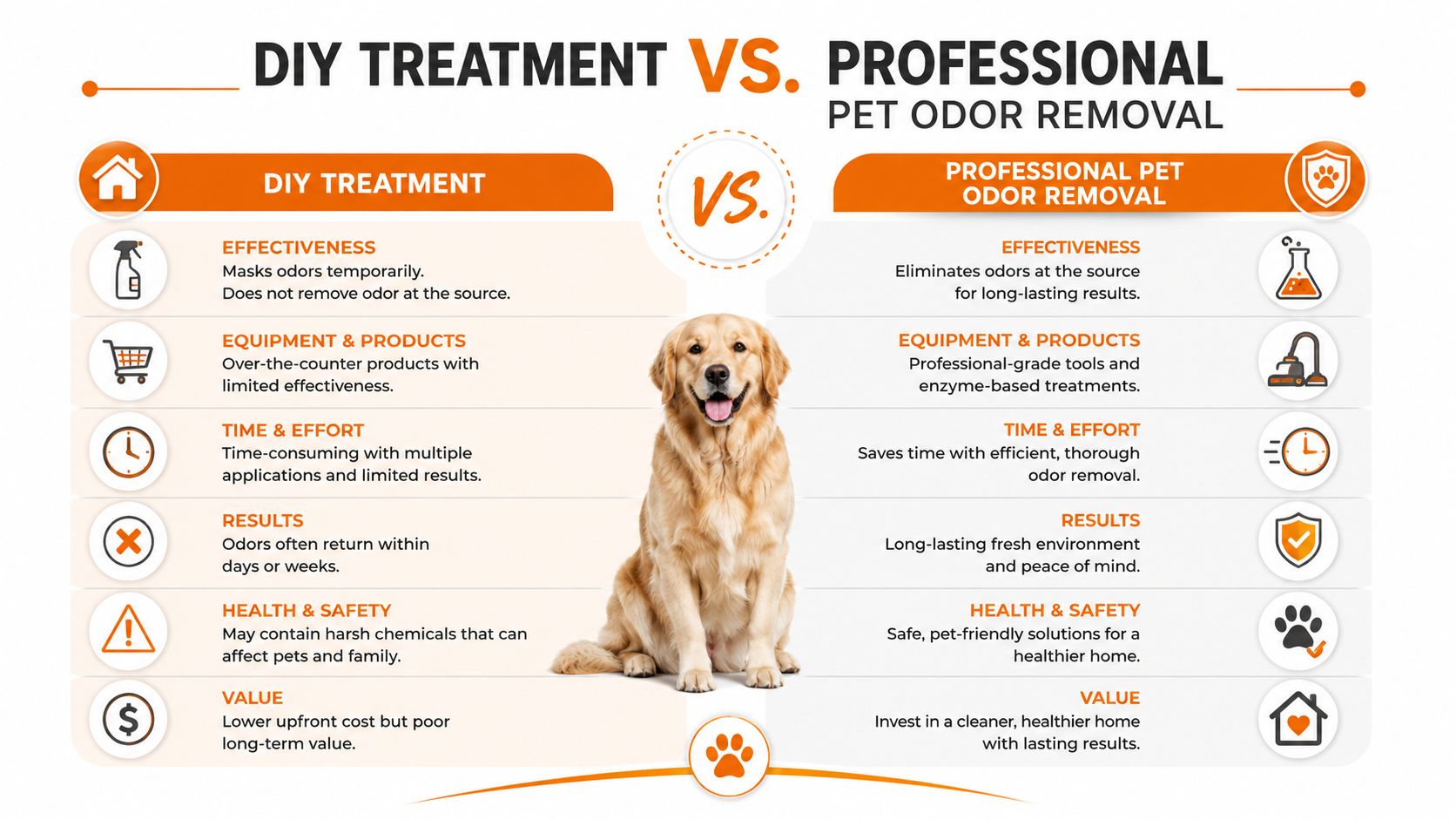 A comparison infographic between DIY pet odor removal treatments and professional pet odor removal services for homes.