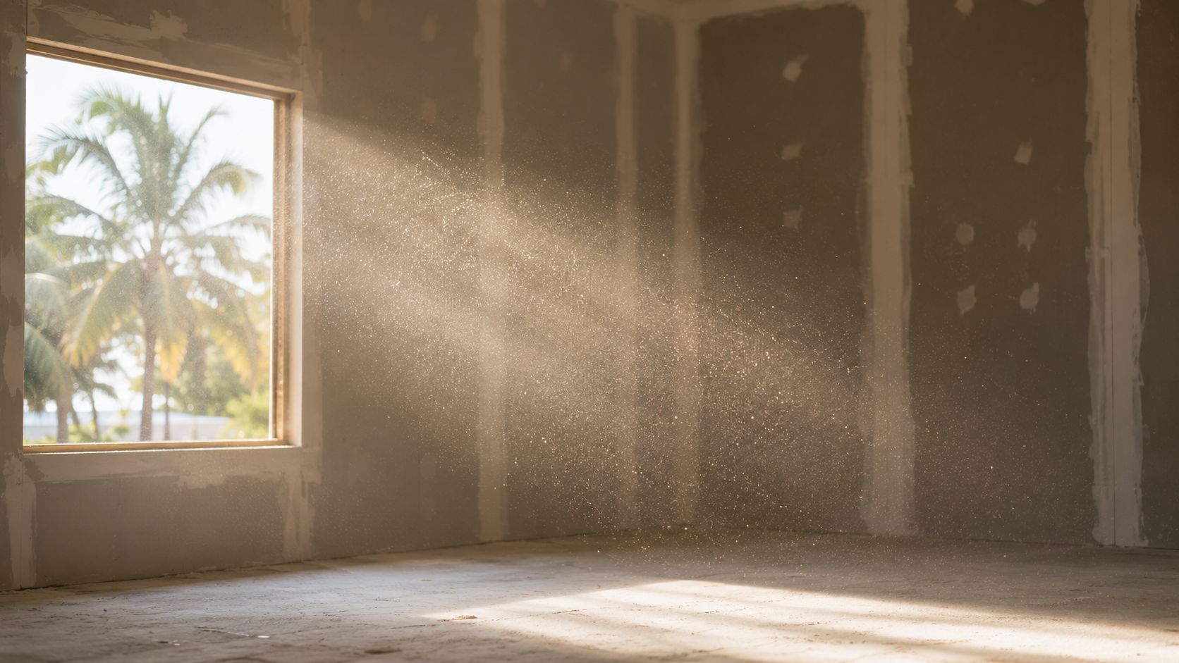 Sunlight streaming through a window into a room with unfinished drywall and dust particles in the air.