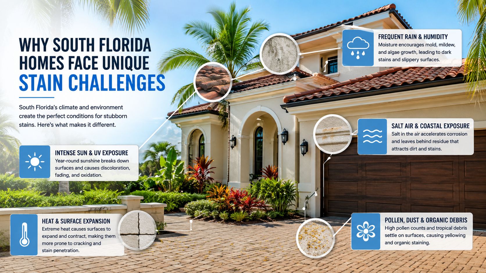 A house exterior infographic explaining how South Florida's unique climate causes mold, salt stains, and surface damage.