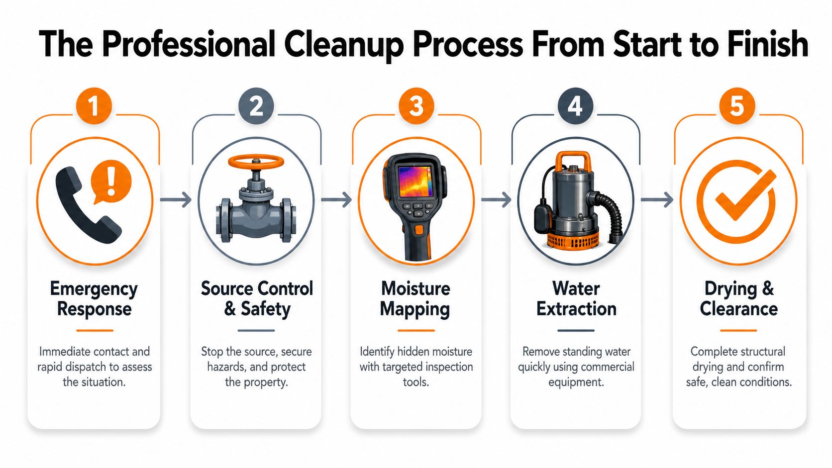 A five-step infographic showing the professional water damage cleanup process from emergency contact to final clearance.
