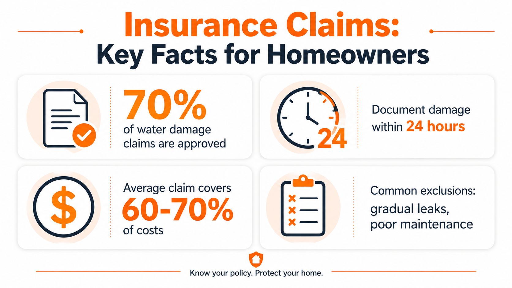 An infographic showing key statistics and facts for homeowners regarding water damage insurance claims.