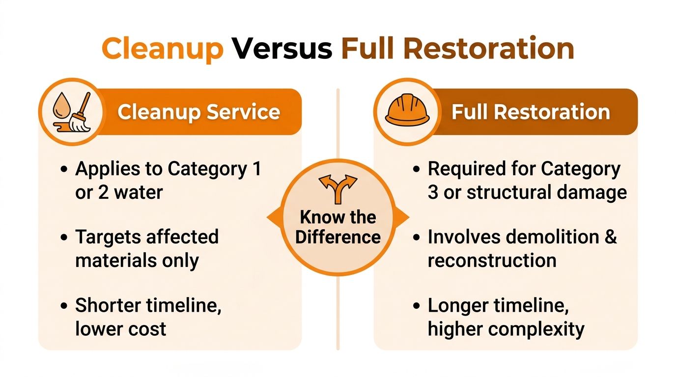 A comparative infographic illustrating the key differences between water damage cleanup services and full property restoration.
