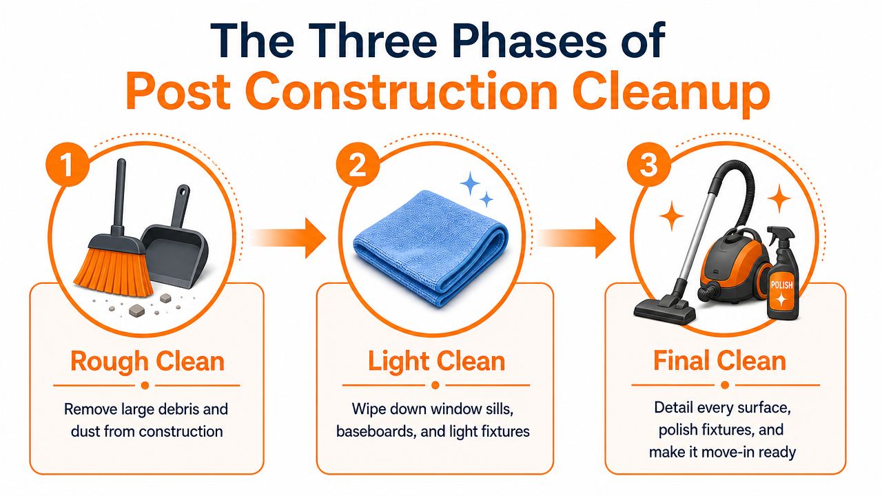 An infographic detailing the three phases of post construction cleaning: rough clean, light clean, and final clean.