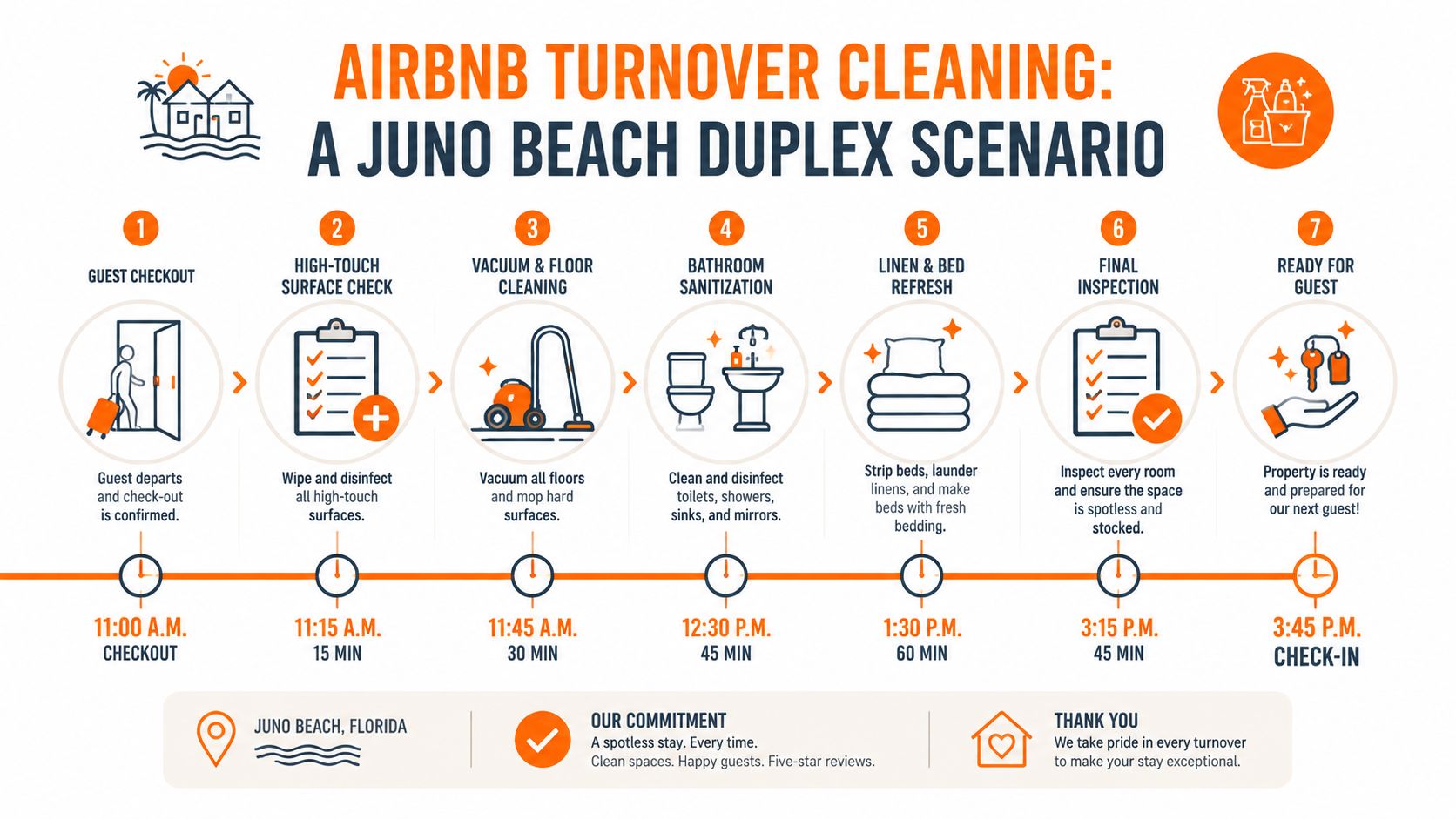 A visual infographic detailing the seven-step professional Airbnb cleaning checklist process for a duplex rental property.