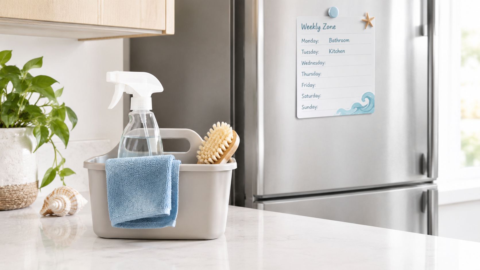A cleaning caddy with a spray bottle and blue cloth sits on a counter beside a chore chart.