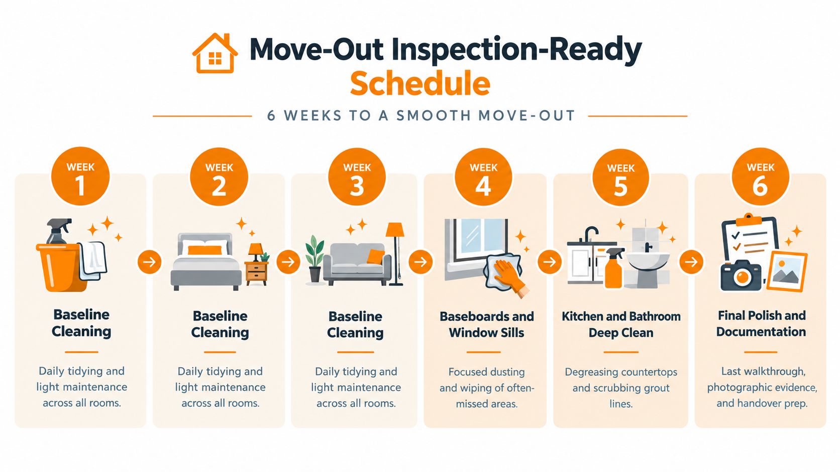 A six-week infographic schedule for organizing move-out cleaning and maintenance tasks before a rental inspection.