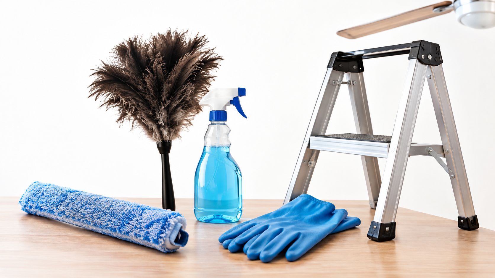 Cleaning supplies including a feather duster, spray cleaner, blue gloves, a mop head, and a metal stepladder.