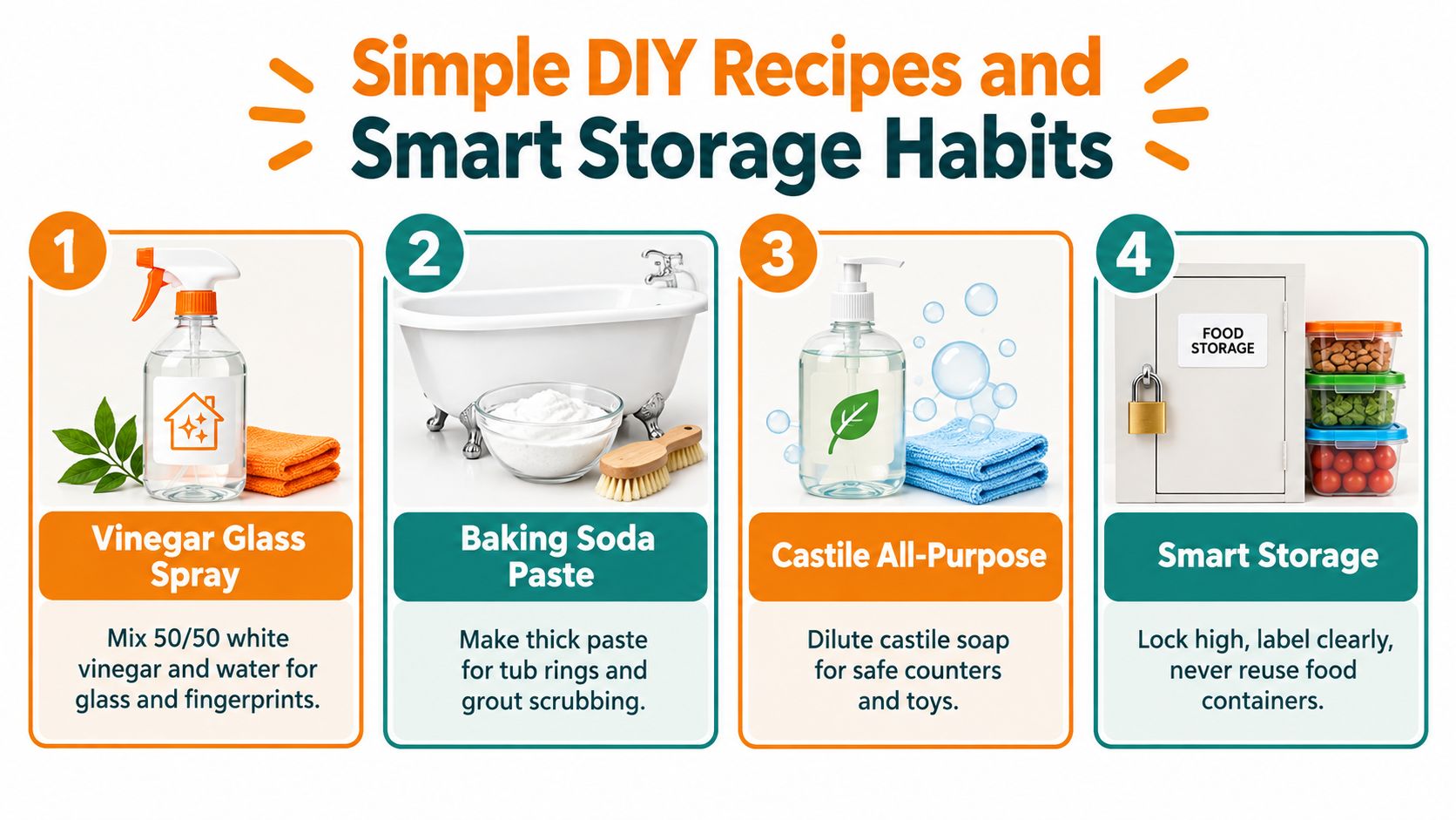 An infographic showing four simple DIY cleaning recipes and safe food storage habits for a home.