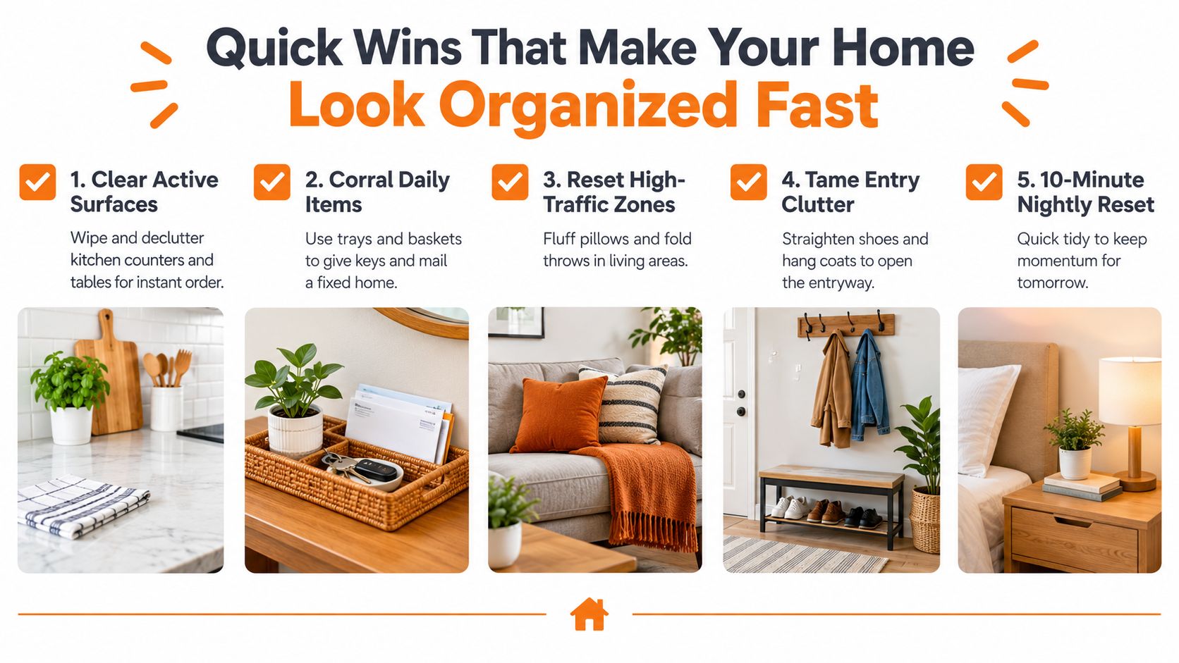 An infographic showing five quick home organization tips featuring photos of a clean kitchen, entryway, and bedroom.