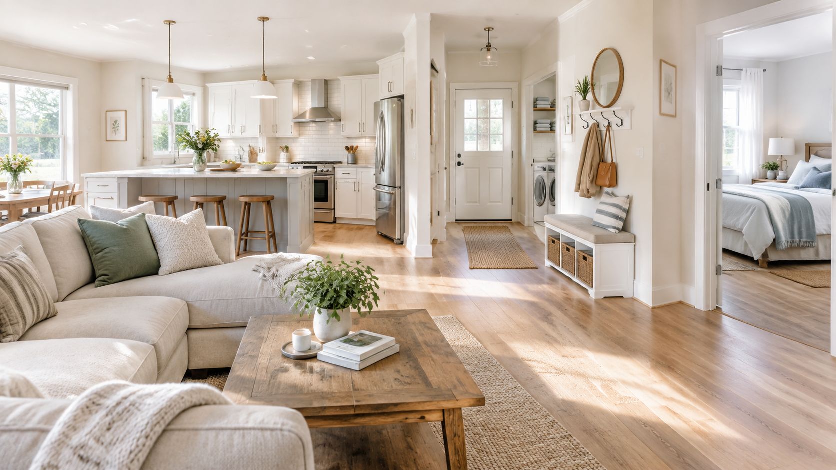 A bright, modern open-concept living area with white kitchen cabinets, wood floors, and neutral-toned furniture.