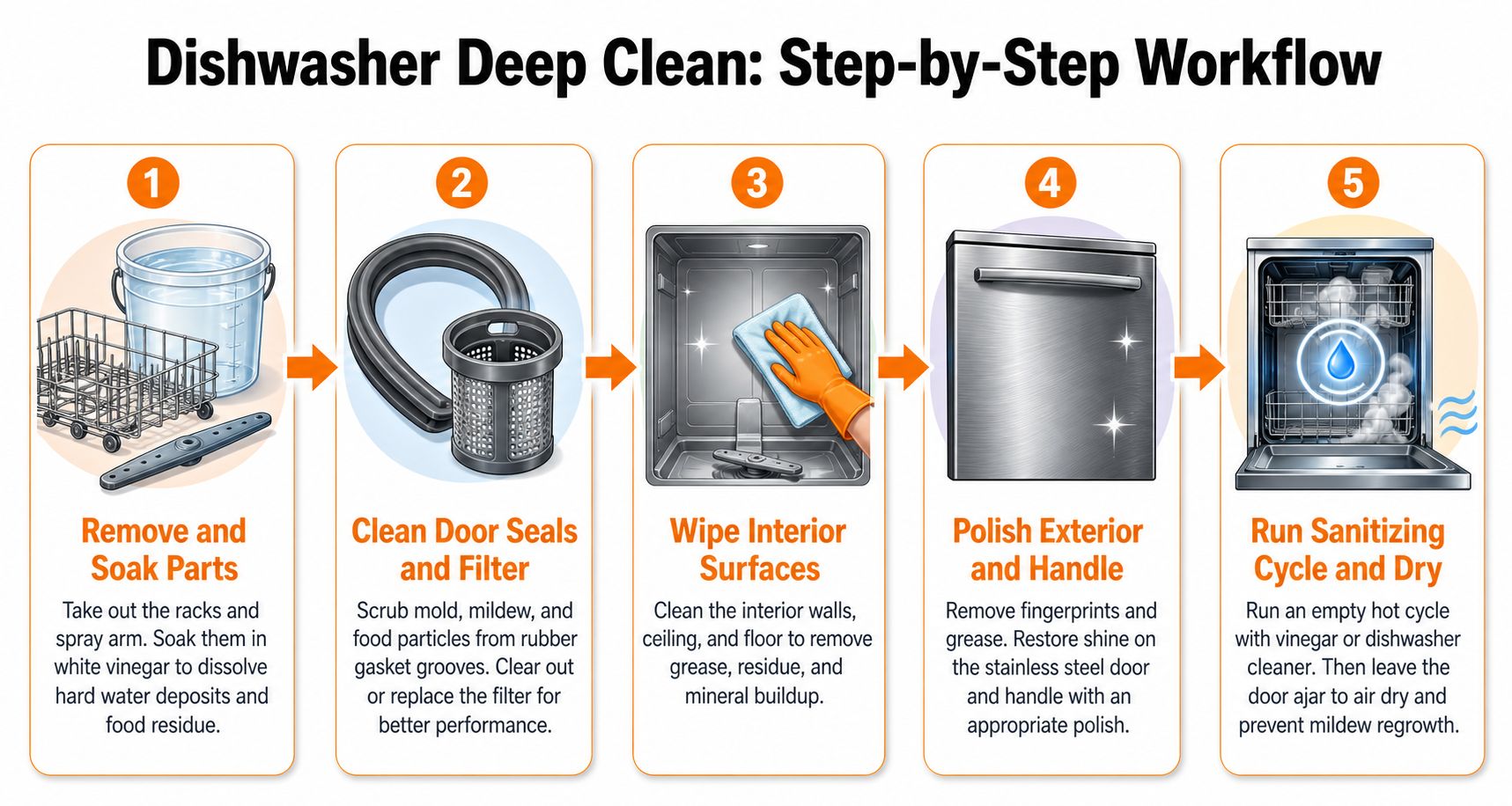 A five-step instructional infographic showing the process for deep cleaning a kitchen dishwasher appliance effectively.