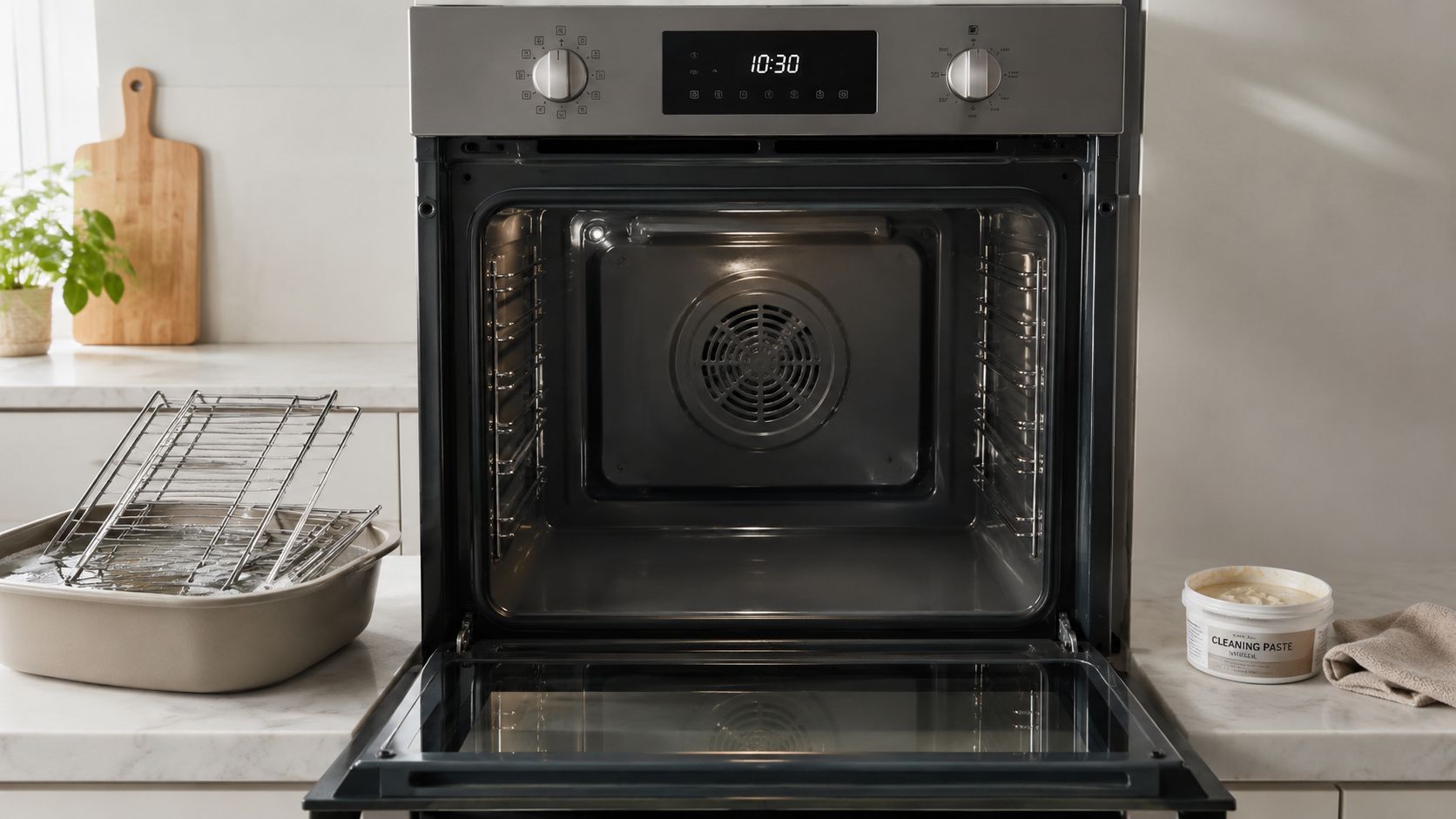 An open stainless steel built-in oven on a marble countertop with cleaning supplies and oven racks nearby.