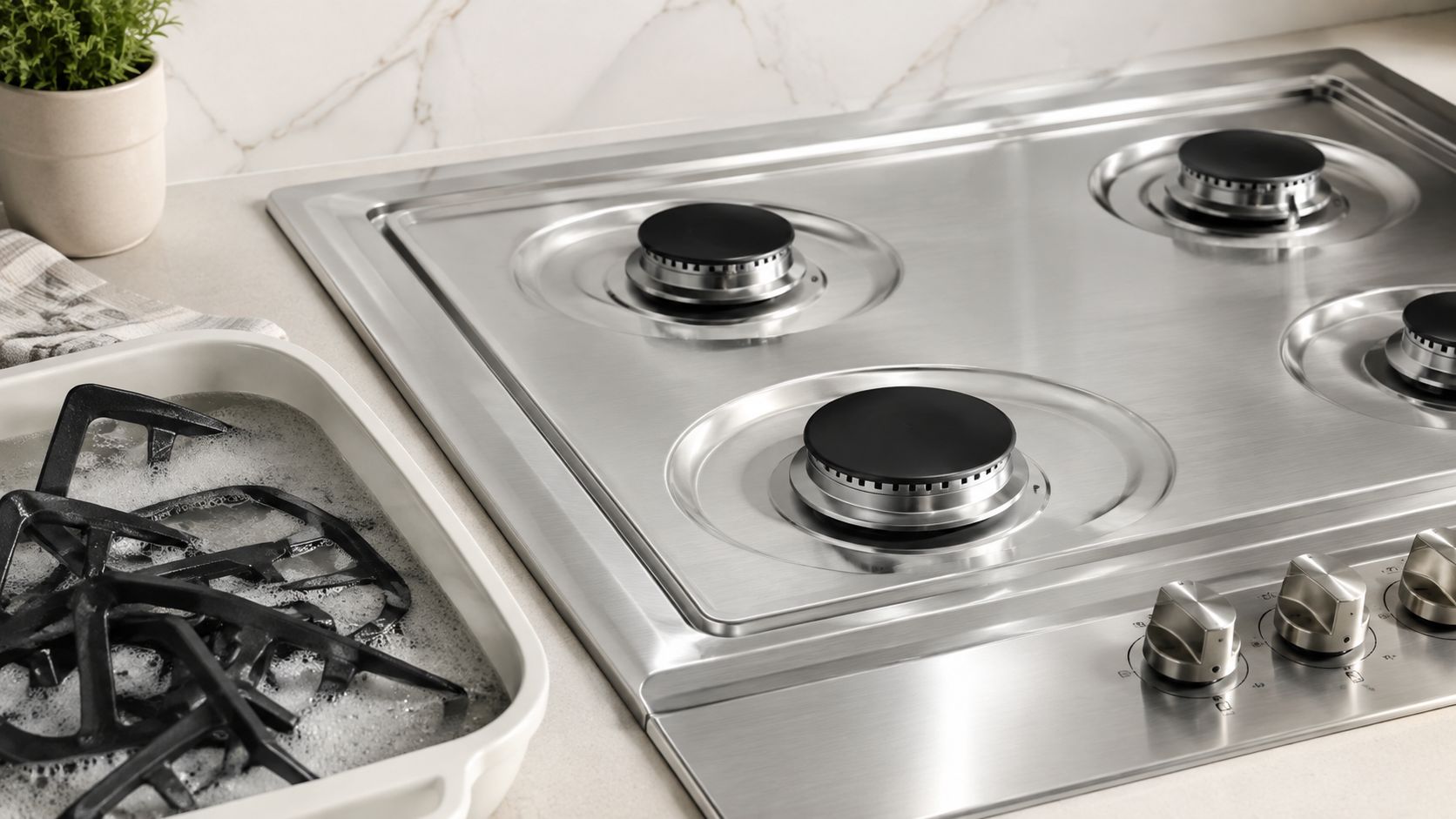A clean stainless steel gas stovetop with grates soaking in a soapy dish nearby for deep cleaning.