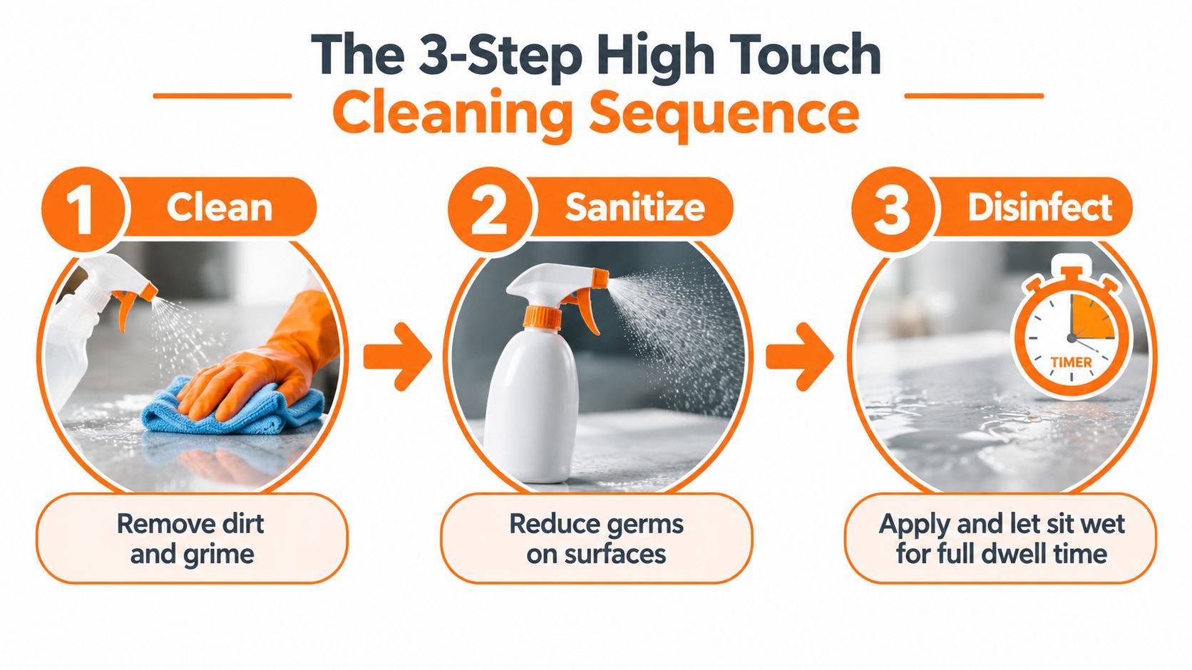 A three-step infographic explaining the process of cleaning, sanitizing, and disinfecting high-touch surfaces for proper hygiene.