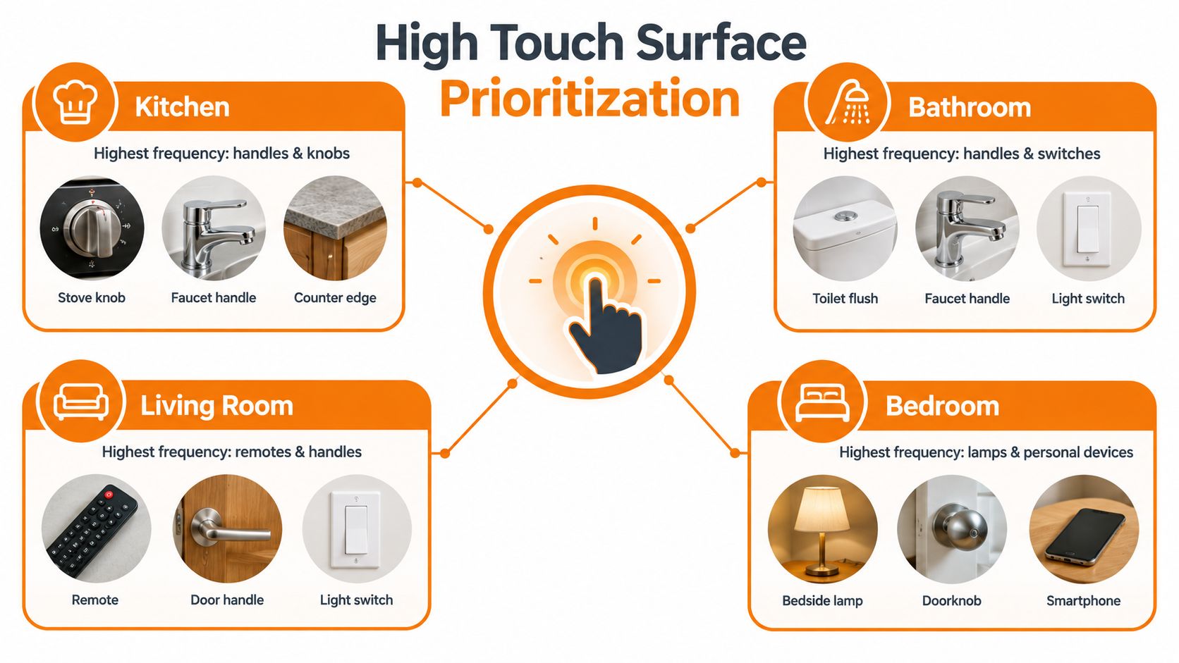 An infographic showing high-touch surfaces in various rooms of a home to prioritize for regular cleaning.