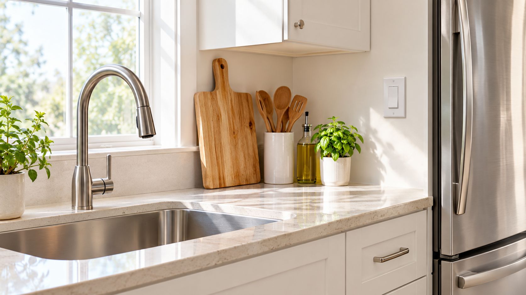 A clean, bright kitchen counter with a stainless steel faucet, wooden cutting board, and fresh potted basil plants.