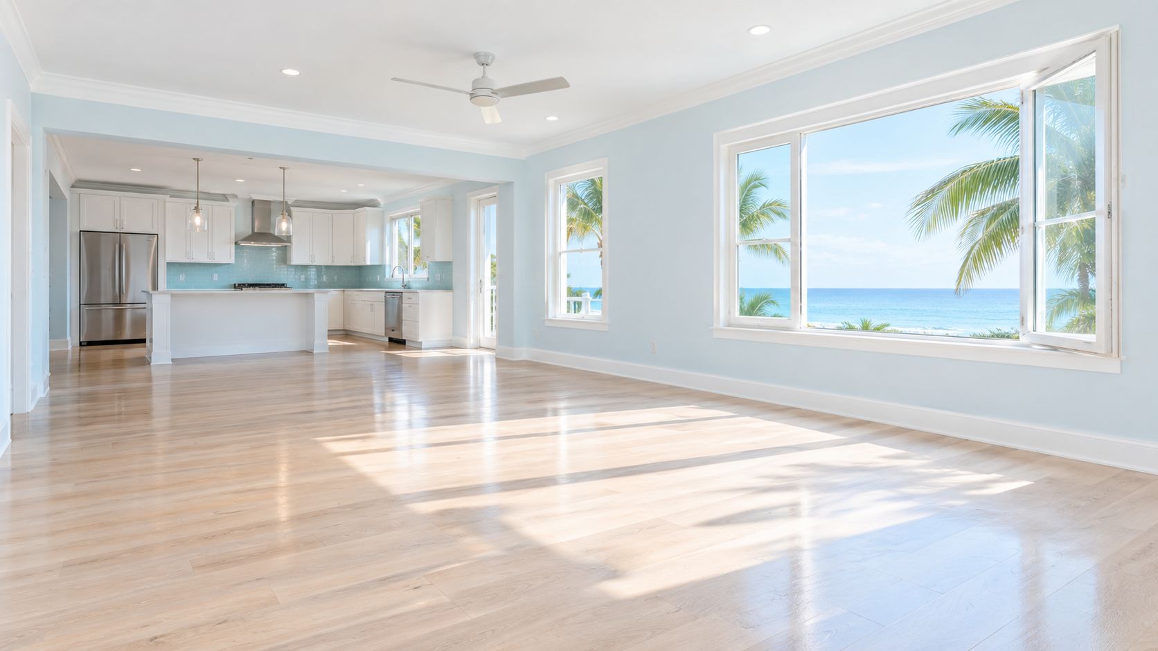 A bright, modern open-concept living area with light hardwood floors, ocean views, and a white kitchen.