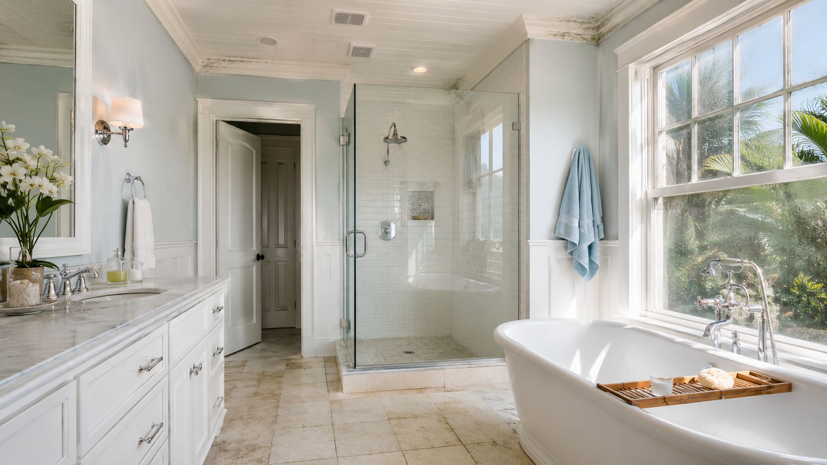 Bright and airy modern bathroom featuring a white soaking tub, walk-in glass shower, and vanity with marble countertop.