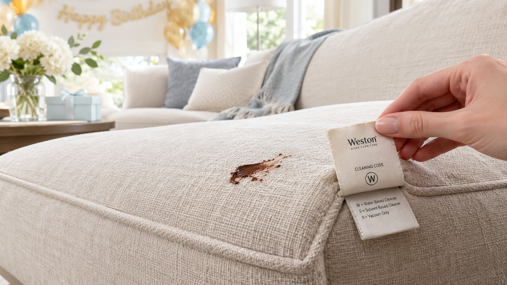 A hand holding a furniture fabric cleaning label with a code W next to a chocolate stain.