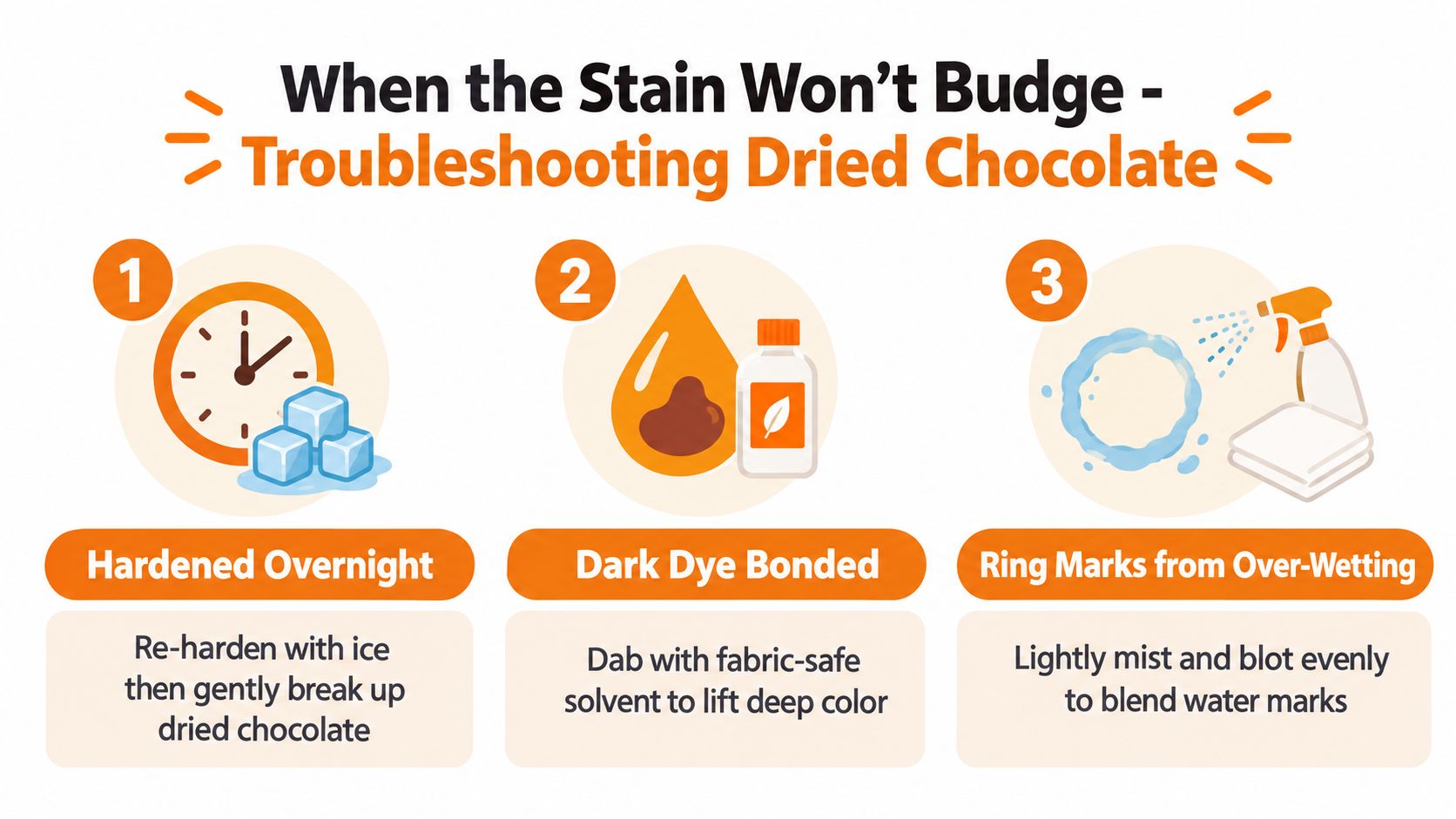 A three-step infographic showing how to remove stubborn dried chocolate stains from fabric furniture.