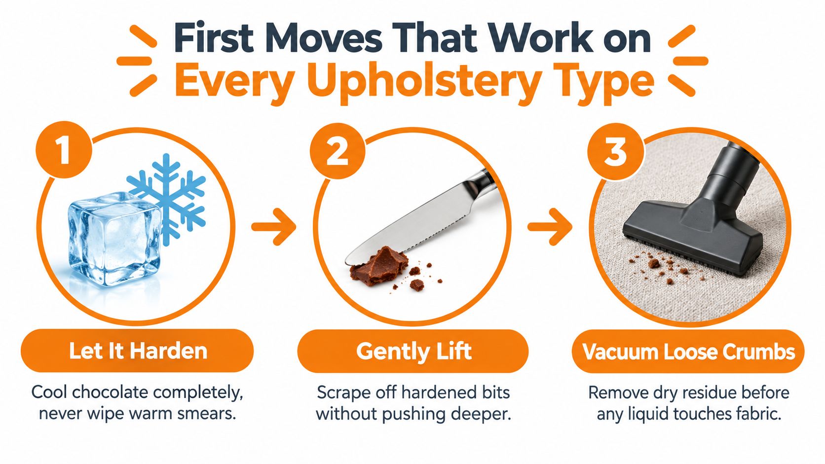 A three-step infographic showing how to remove chocolate stains from upholstery by cooling, scraping, and vacuuming.