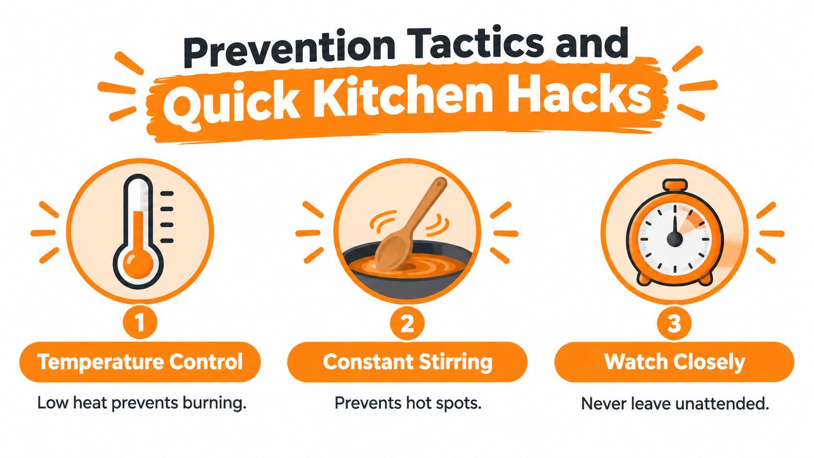An infographic titled Prevention Tactics and Quick Kitchen Hacks listing three tips to prevent burning food.