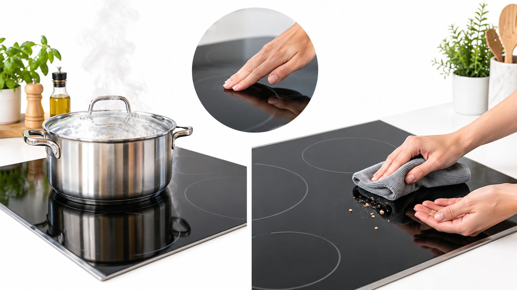 A split-screen image showing a boiling pot on an induction cooktop and a hand cleaning the stove surface.