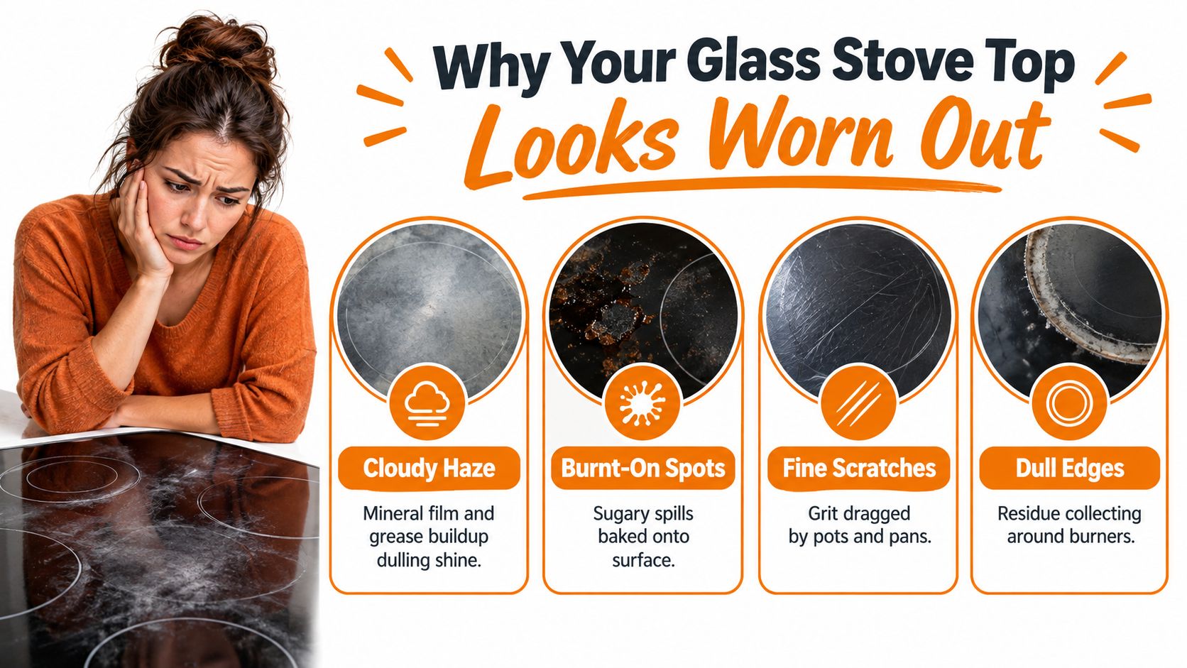 A concerned woman looks at a scratched and dirty glass stove top illustrating common surface damage problems.