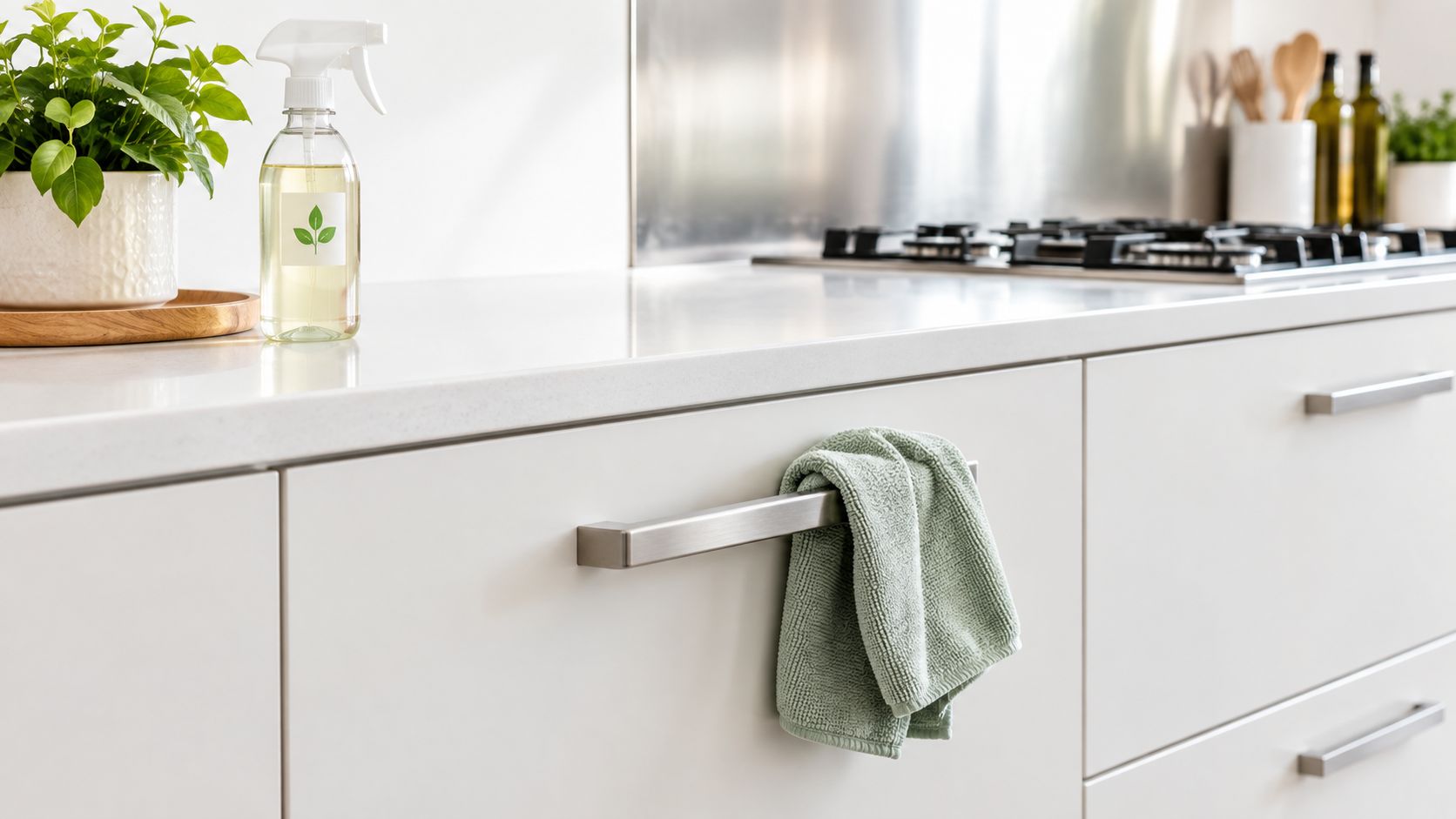 A clean modern kitchen counter with a spray bottle, green plant, and a dish towel hanging.