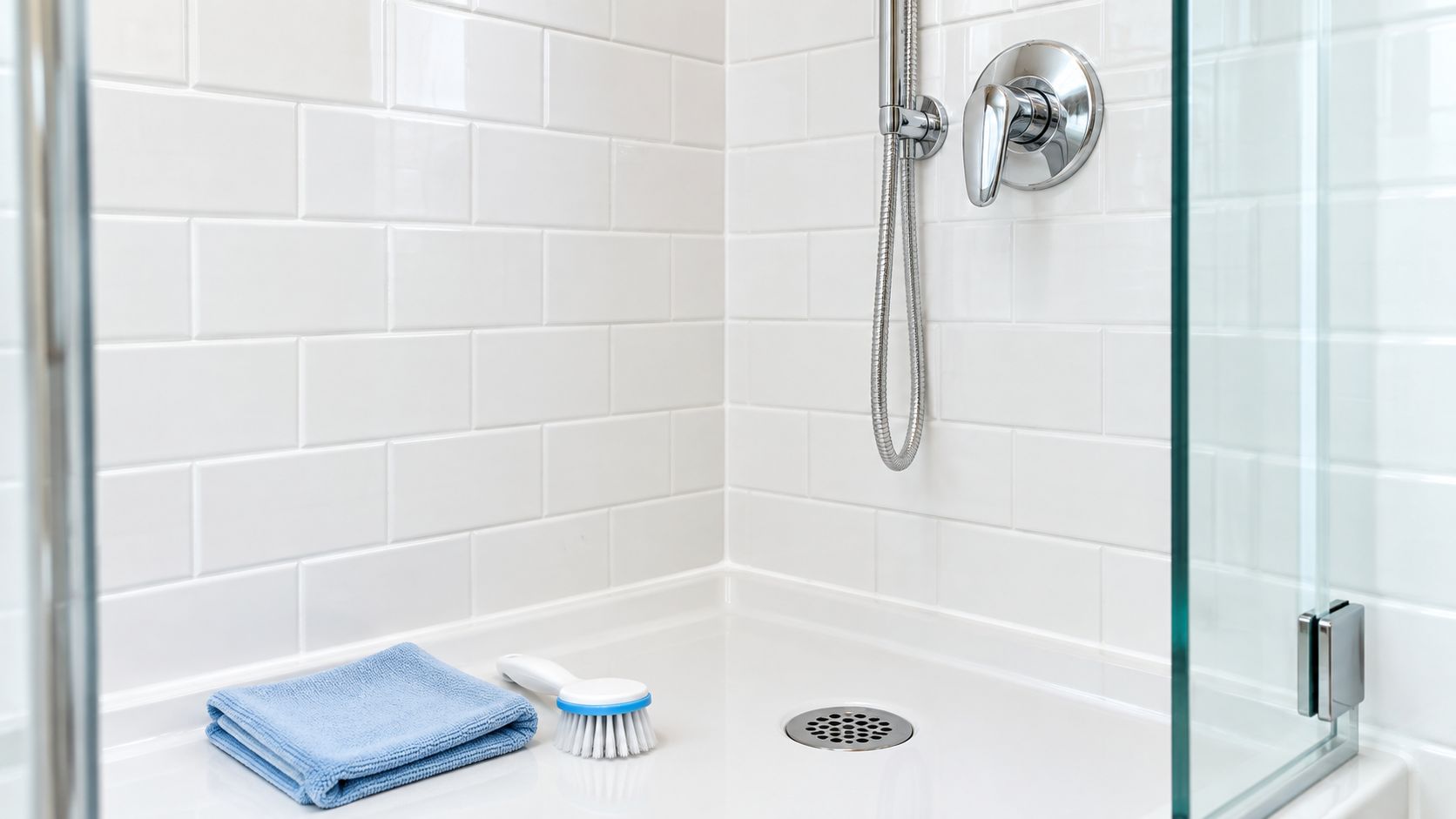 A clean white shower stall featuring a blue cleaning cloth and a scrubbing brush on the floor.