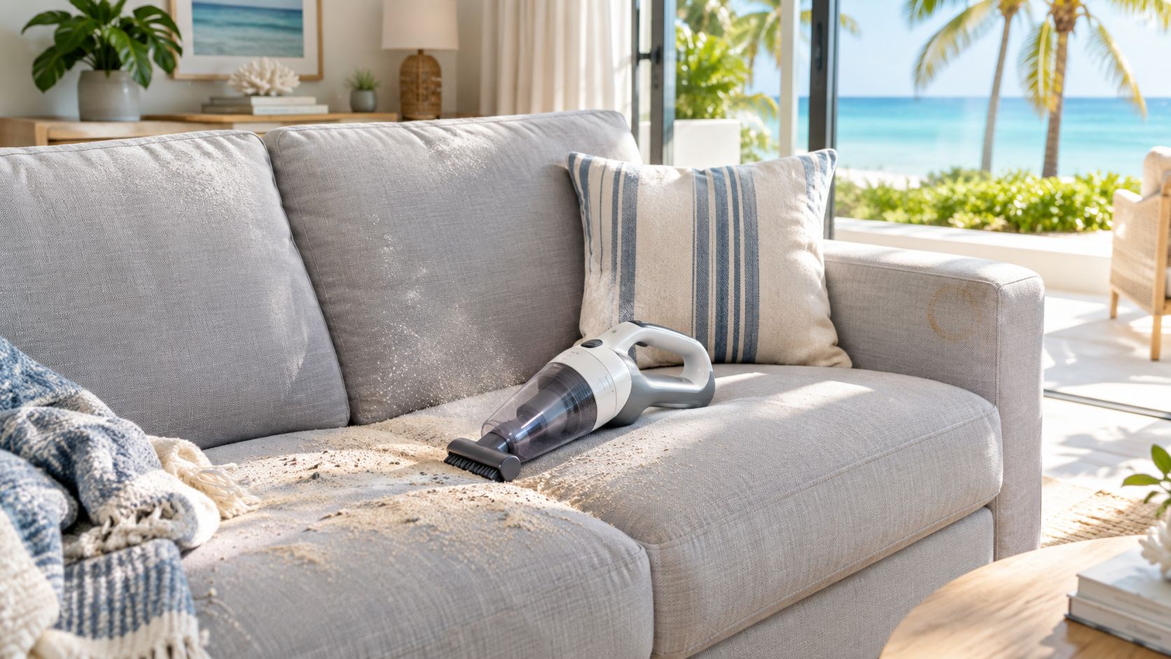 A handheld vacuum cleaner removing dust and debris from the surface of a light gray polyester sofa.