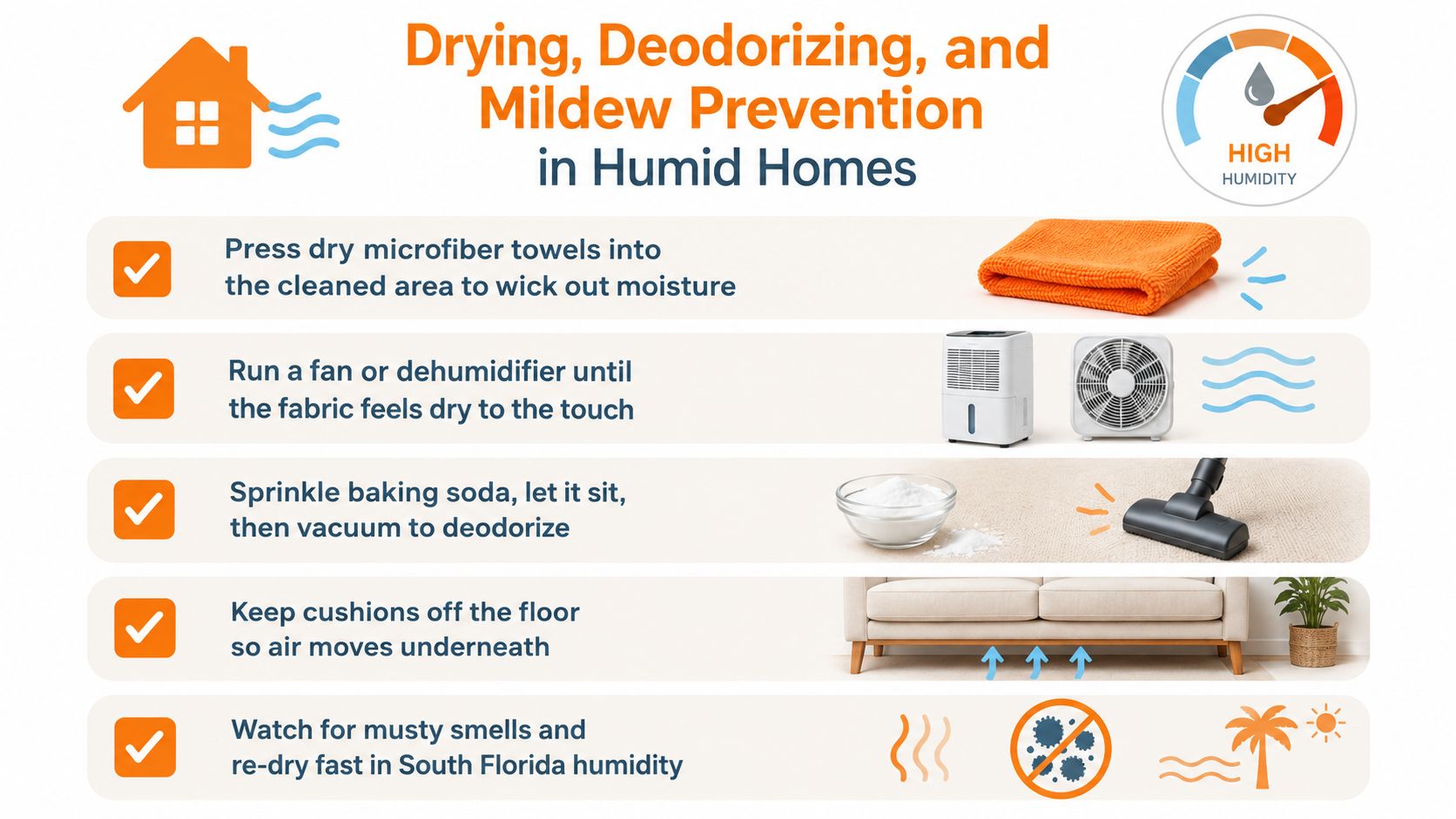 An infographic showing tips for drying, deodorizing, and preventing mildew on polyester sofas in humid environments.