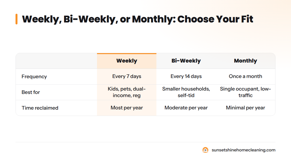 Comparison table showing when to choose weekly, bi-weekly, or monthly cleaning based on household type, frequency, and suitability.