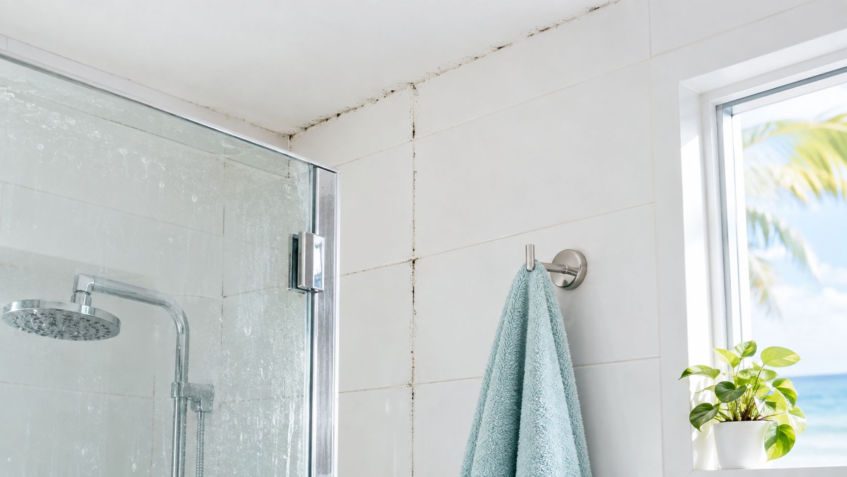 A modern bathroom showing a shower area with visible black mold buildup on the white tile grout.