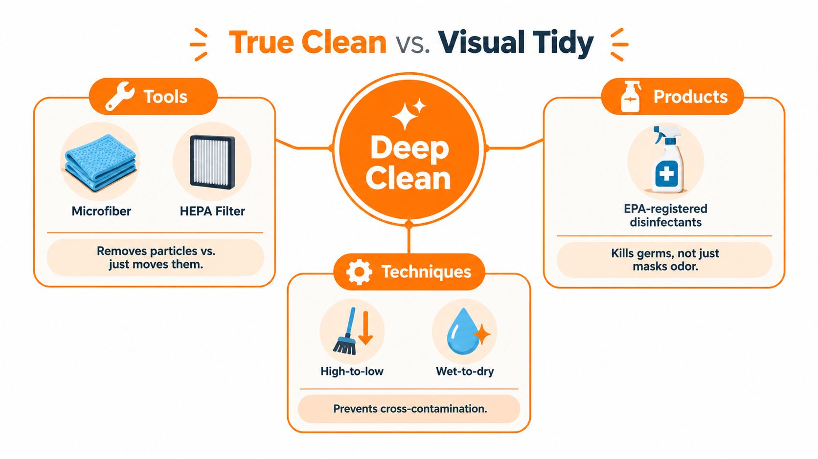 An infographic illustrating the difference between a True Clean and Visual Tidy using tools, products, and techniques.