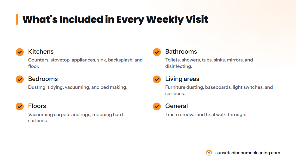 Checklist of services: kitchen, bathrooms, bedrooms, living areas, floors, and general tasks completed each week.